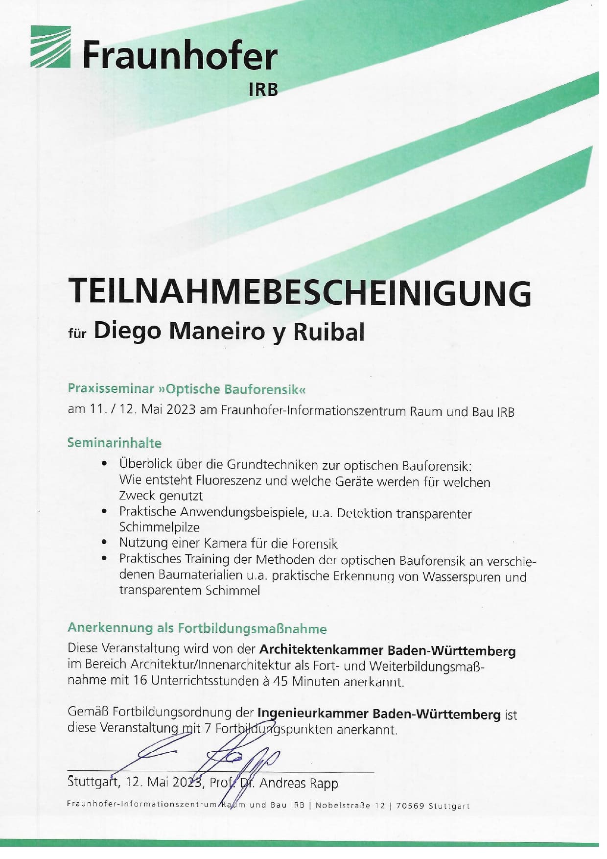 Teilnahmebescheinigung Optische Bauforensik_ Praxis, Diego Maneiro - 123 Schimmel Frei GmbH